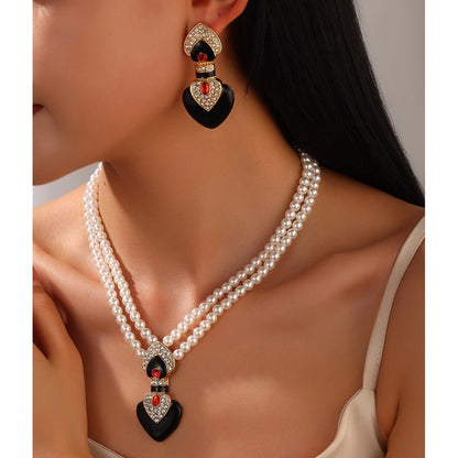Bride Wedding Jewelry Set Elegant Enamel Rhinestone Love Imitation Pearl Beaded Necklace and Earrings Women's Party Accessories
