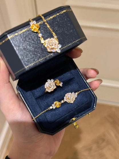 Romantic Sparkling Yellow Rose flower jewelry sets Luxury Exquisite Wedding Engagement inlay Diamond Bracelet Necklace Ring