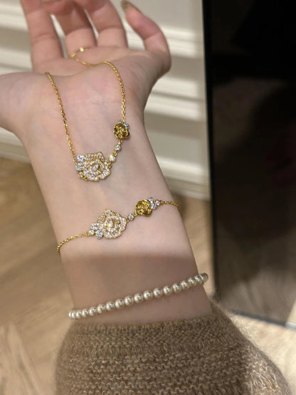 Romantic Sparkling Yellow Rose flower jewelry sets Luxury Exquisite Wedding Engagement inlay Diamond Bracelet Necklace Ring