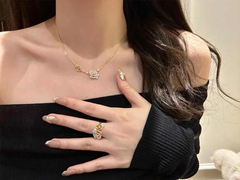 Romantic Sparkling Yellow Rose flower jewelry sets Luxury Exquisite Wedding Engagement inlay Diamond Bracelet Necklace Ring