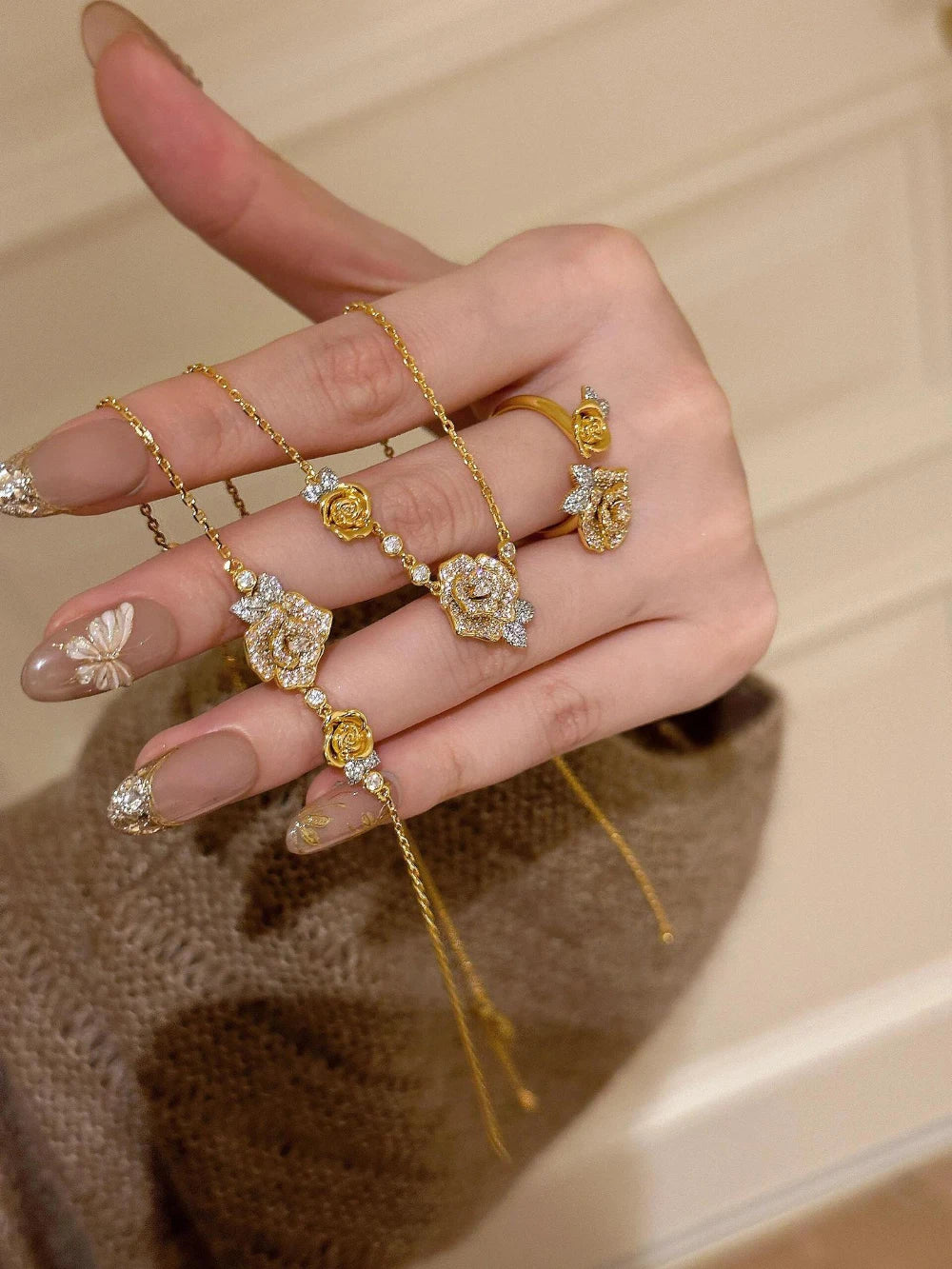 Romantic Sparkling Yellow Rose flower jewelry sets Luxury Exquisite Wedding Engagement inlay Diamond Bracelet Necklace Ring