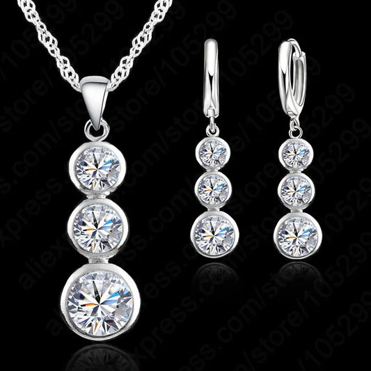 Women Fine Jewelry 925 Sterling Silver  Crystal Jewelry Sets For Wedding Pendants Necklaces Earring Set Accessory