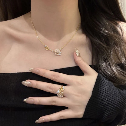 Romantic Sparkling Yellow Rose flower jewelry sets Luxury Exquisite Wedding Engagement inlay Diamond Bracelet Necklace Ring