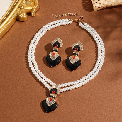 Bride Wedding Jewelry Set Elegant Enamel Rhinestone Love Imitation Pearl Beaded Necklace and Earrings Women's Party Accessories