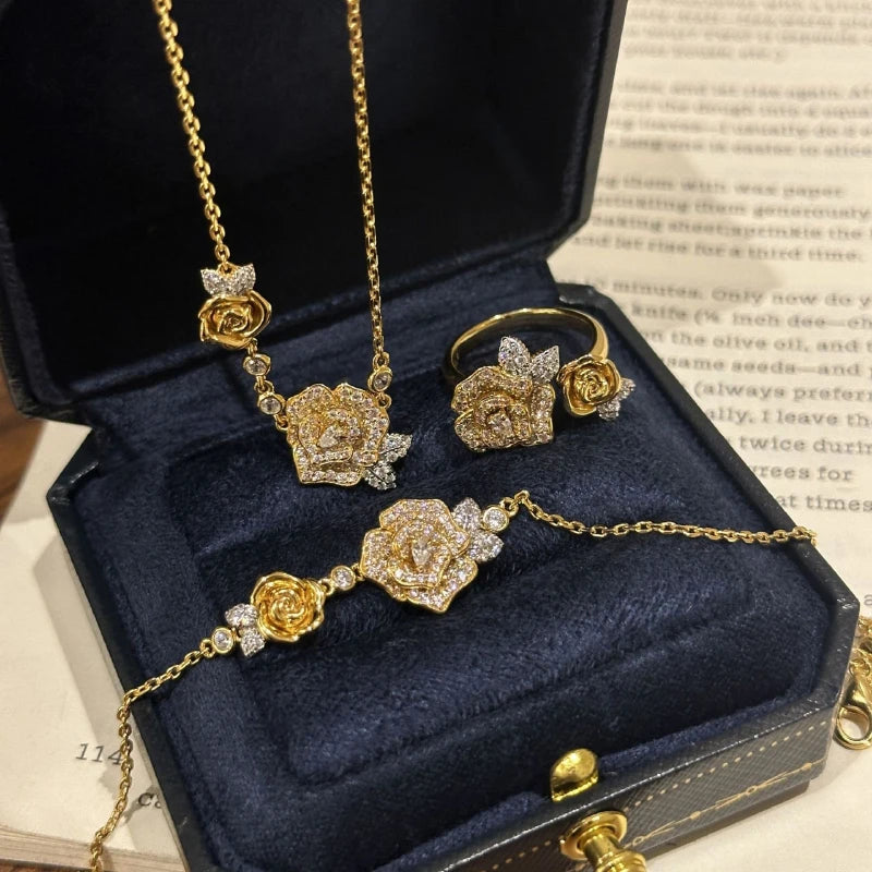 Romantic Sparkling Yellow Rose flower jewelry sets Luxury Exquisite Wedding Engagement inlay Diamond Bracelet Necklace Ring